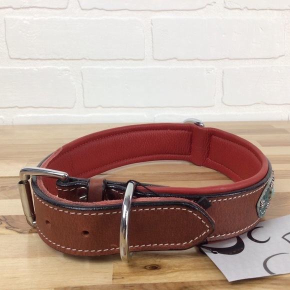 Mad Cow genuine leather jewelry dog collar handmade red pink turquoise studded - Picture 5 of 16